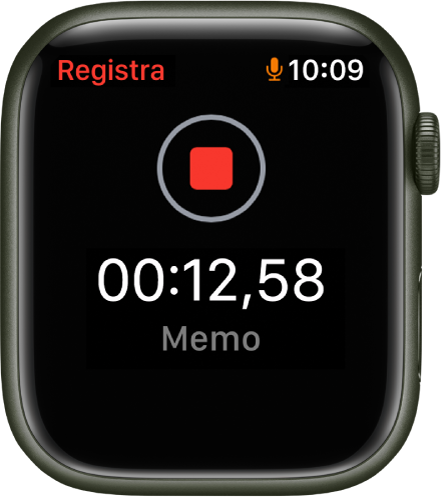 L'app Memo Vocali mentre è in corso la registrazione. In alto, è presente il pulsante rosso di registrazione. Sotto, è visibile il tempo trascorso con la parola Registrazione.