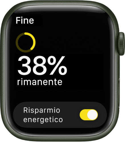 La schermata della modalità “Risparmio energetico” mostra un anello giallo parziale che indica il tempo di ricarica rimanente, le parole “38% di batteria residua” e il pulsante della modalità “Risparmio energetico” nella parte inferiore dello schermo.