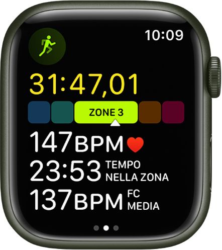 L'app Allenamento che mostra un allenamento “Corsa outdoor” in corso. Sullo schermo viene visualizzato un elenco di dati analitici. Nell'elenco sono inclusi il tempo trascorso, le zone di frequenza cardiaca, il ritmo cardiaco, il tempo in zona e il battito cardiaco medio.