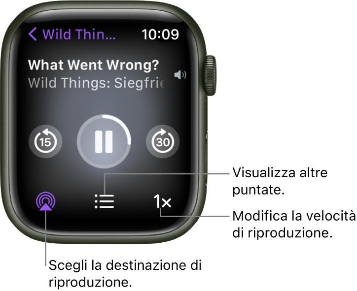 Una schermata “In riproduzione” di Podcast che mostra il nome del podcast, il titolo della puntata, la data, il pulsante per tornare indietro di 15 secondi, il pulsante per mettere in pausa, il pulsante per andare avanti di 30 secondi, il pulsante AirPlay, il pulsante delle puntate e il pulsante della velocità di riproduzione.