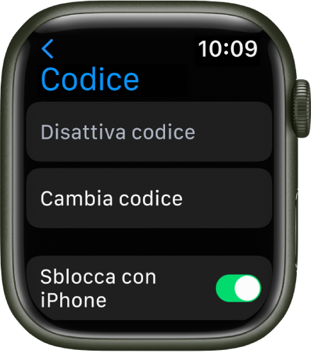 Impostazioni relative al codice su Apple Watch, con il pulsante “Disattiva codice” in alto, il pulsante “Cambia codice” in basso e “Sblocca con iPhone” più in basso.