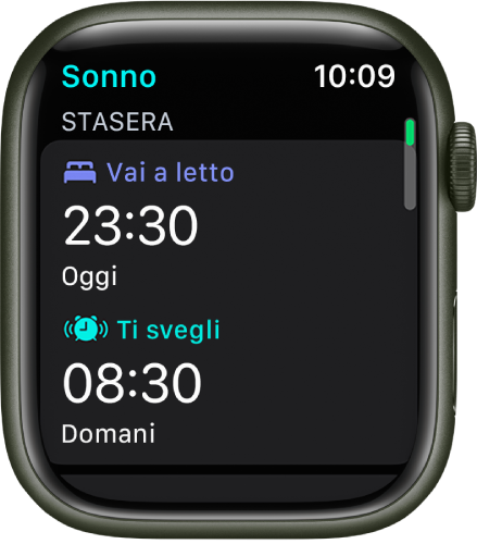 L'app Sonno su Apple Watch mostrante gli orari prestabiliti per coricarsi. L'ora di coricarsi viene visualizzata in alto e l'orario della sveglia si trova al di sotto.