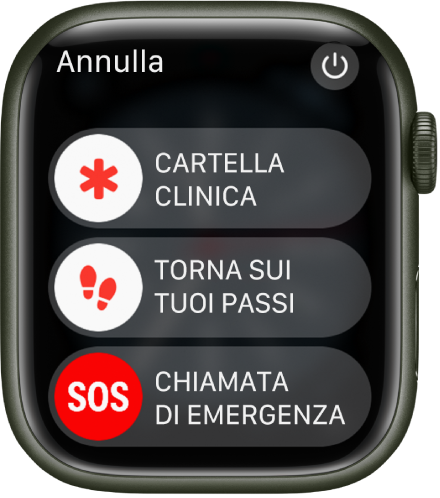 Lo schermo di Apple Watch che mostra tre cursori: Cartella clinica, “Torna sui tuoi passi” di Bussola e “Chiamata di emergenza”. In alto a destra c'è il pulsante di accensione.