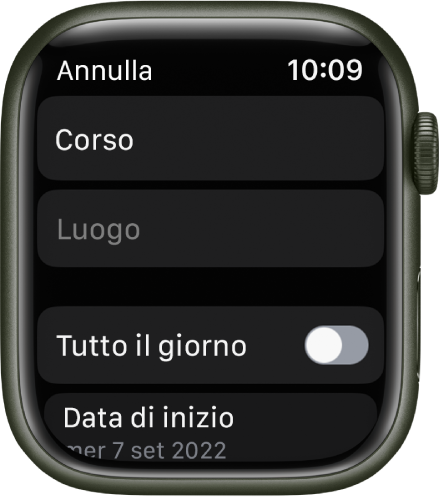 Schermata di Calendario con un nuovo evento. Il nome dell'evento è in alto, mentre sotto è visibile il campo relativo alla posizione. Vicino alla parte inferiore della schermata, è visibile il pulsante “Tutto il giorno”. In basso, è visibile il pulsante che indica la data di inizio.