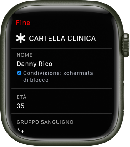 La schermata della cartella clinica su Apple Watch che mostra nome utente, età e gruppo sanguigno. Sotto al nome c’è un segno di spunta, a indicare che la cartella clinica viene condivisa sullo schermo bloccato. In alto a sinistra è visibile il pulsante Fine.