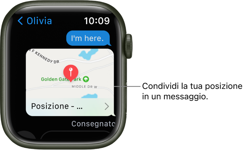 Schermata Messaggi mostrante una mappa della posizione del mittente.