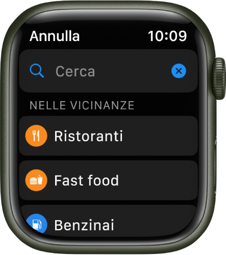 La schermata Cerca dell'app Mapoe che mostra il campo di ricerca vicino alla parte superiore. Sotto Vicini ci sono dei pulsanti per vaccini anti COVID-19, ristoranti e fast food.