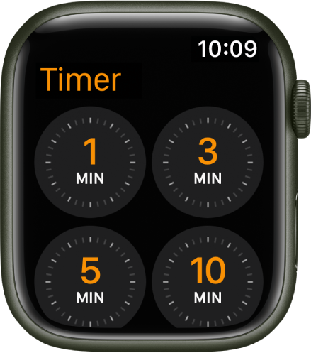 La schermata dell'app Timer, che mostra timer rapidi per 1, 3, 5 o 10 minuti.