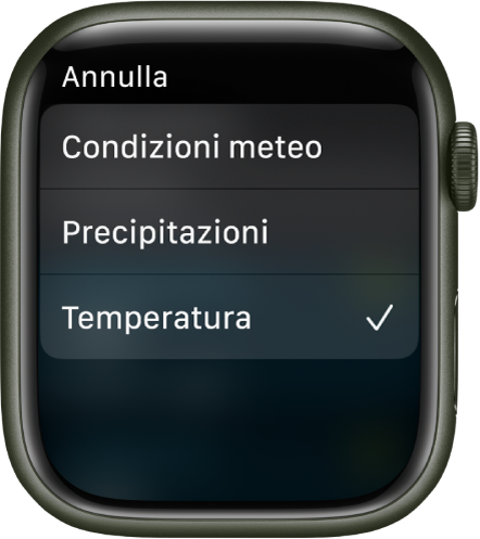 L’app Meteo che mostra tre opzioni in un elenco: Condizioni, Precipitazioni e Temperatura.