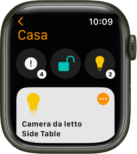 L'app Casa con le icone di stato, in alto, e l'accessorio, in basso.