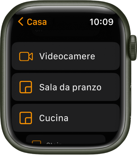 L'app Casa con un elenco di stanze che include le videocamere e due stanze.