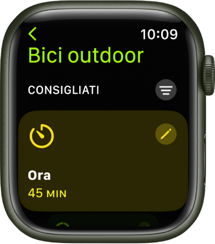 L'app Allenamento con una schermata per modificare un allenamento di bici outdoor. L'indicazione del tempo è al centro, mentre il pulsante Modifica è in alto a destra. Il tempo indica 45 minuti.