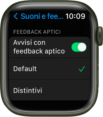 Impostazioni “Suoni e feedback aptico” su Apple Watch, con l'interruttore “Avvisi con feedback aptico” e le opzioni Default e Distintivo sotto.