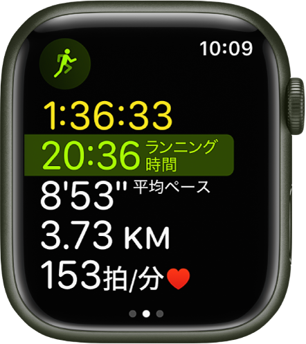 「ワークアウト」App。進行中のマルチスポーツワークアウトが表示されています。画面には、合計経過時間、ランニングしてきた時間、平均ペース、距離、心拍数が表示されています。