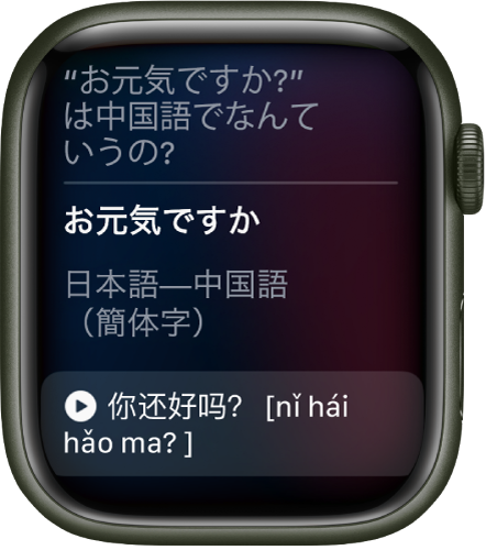 Siri画面。「中国語でお元気ですかはなんていうの」と表示されています。下に英語の訳が表示されています。
