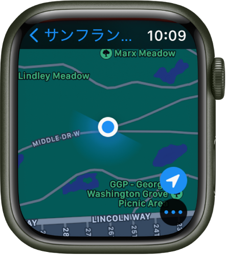 「マップ」App。地図が表示されています。地図上に現在地が青い点で表示されています。