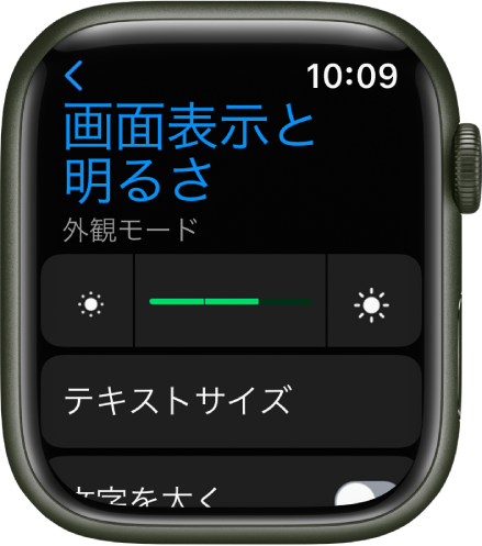 Apple Watchの「画面表示と明るさ」設定。上部に「明るさ」スライダ、下部に「テキストサイズ」ボタンがあります。