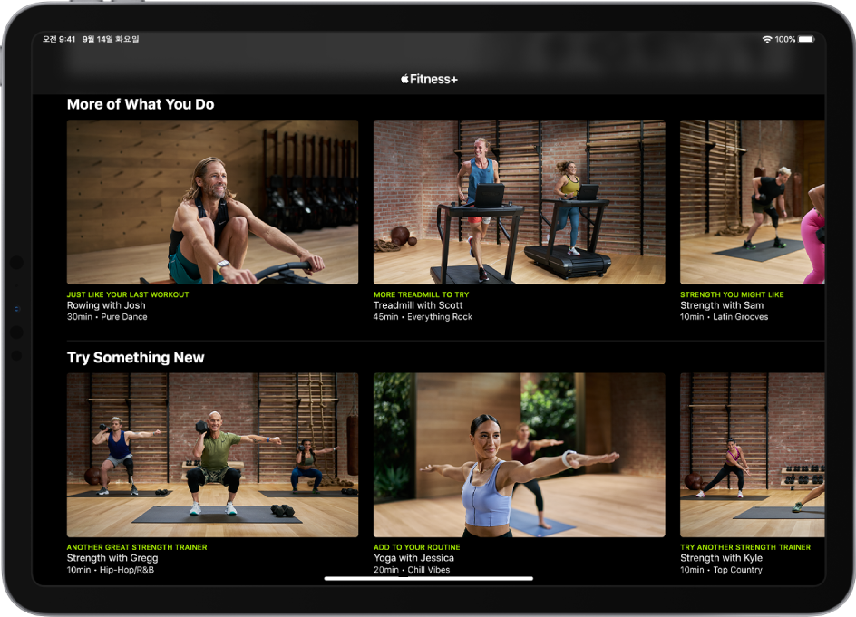 More of What You Do(즐겨 하는 운동 더 보기) 및 Try Something New(새로운 운동 해 보기) 카테고리의 Fitness+ 운동을 표시하는 iPad.