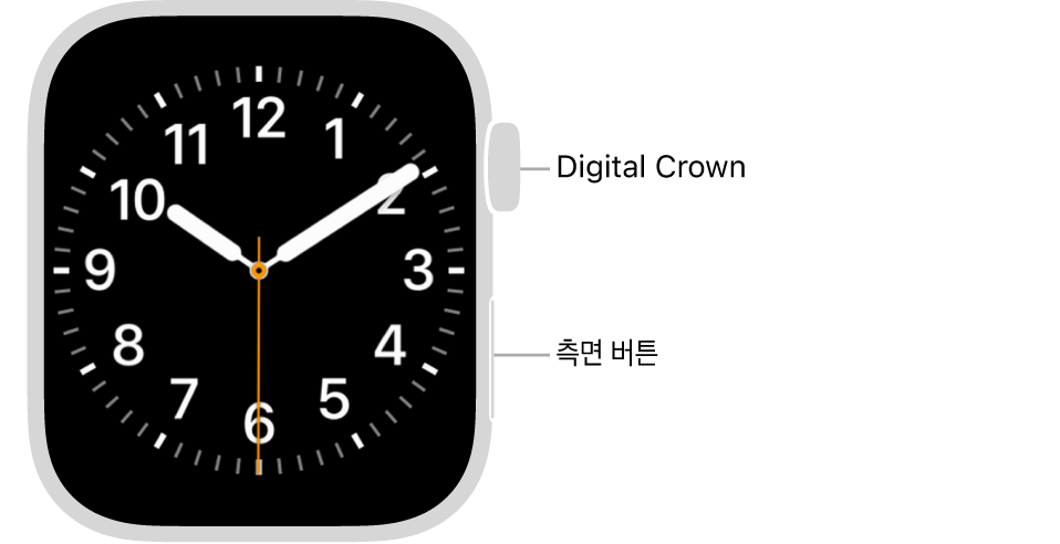시계의 오른쪽 상단에는 Digital Crown이 표시되어 있고, 오른쪽 하단에는 측면 버튼이 표시되어 있는 Apple Watch 전면.