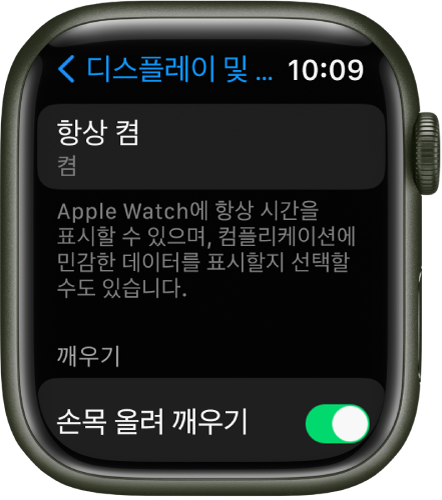 항상 켬 버튼을 보여주는 디스플레이 및 밝기 화면.