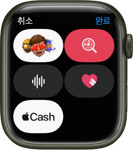 Apple Cash 버튼과 함께 미모티콘, 이미지, 오디오 및 Digital Touch 버튼이 표시된 메시지 앱 화면.