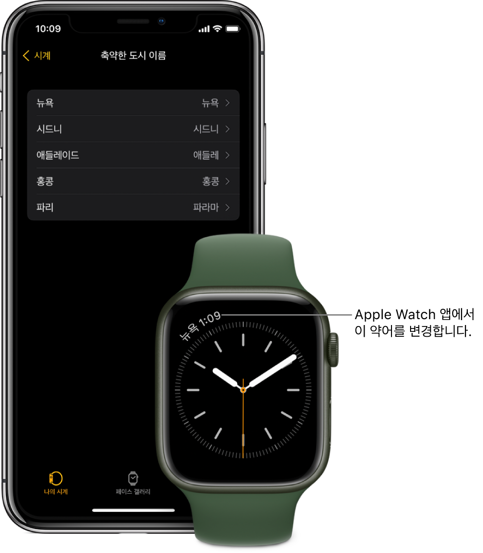 나란히 있는 iPhone과 Apple Watch. 뉴욕 시간을 가리키는 Apple Watch 화면이 있고 축약한 이름인 NYC가 사용됨. Apple Watch 앱 시계 설정의 축약한 도시 이름 설정에 있는 도시 목록을 보여주는 iPhone 화면.