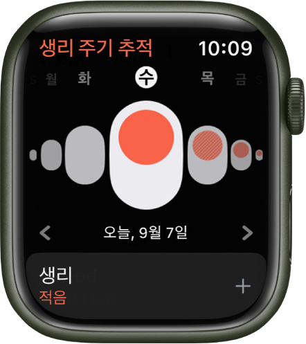 생리 주기 추적 화면을 보여주는 Apple Watch.