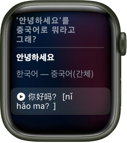 “‘잘지내’를 중국어로 어떻게 말해?”라는 말을 표시하는 Siri 화면. 영어 번역은 아래에 있음.