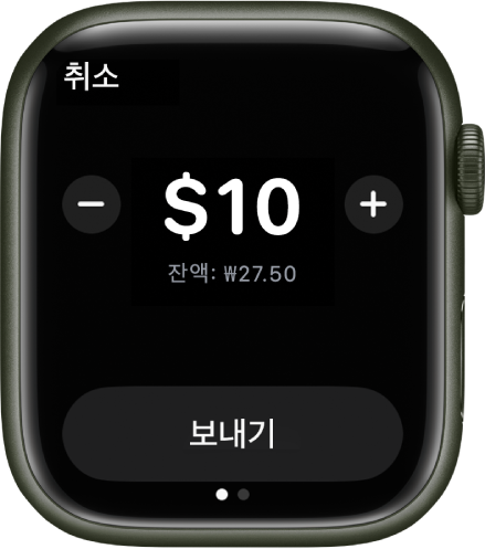 Apple Cash로 결제할 준비가 되어 있음을 표시하는 메시지 앱 화면. 달러 금액이 상단에 있음. 현재 잔액이 아래에 표시되며, 보내기 버튼이 하단에 있음.