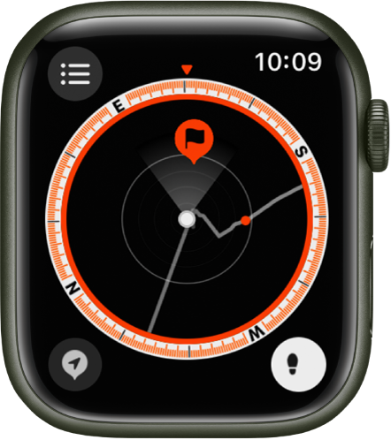 Programoje „Compass“ rodomas kelio taško ekranas su aktyvia funkcija „Backtrack“. Ekrane rodomi du kelio taškai. Maršrutas rodomas kaip pilka linija.