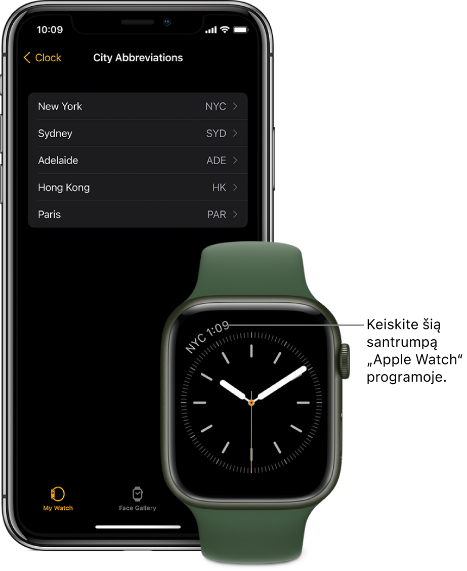 Vienas šalia kito padėti „iPhone“ ir „Apple Watch“. „Apple Watch“ ekrane rodomas laikas Niujorke (rodoma jo pavadinimo santrumpa – NYC). „iPhone“ ekrano sąrašo „City Abbreviations“ nustatymų rodinyje (programos „Apple Watch“ funkcijos „Clock“ nustatymuose) pateikiamas miestų sąrašas.