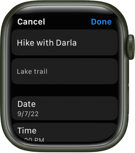 „Apple Watch“ programos „Reminders“ ekranas „Edit“. Viršuje yra priminimo pavadinimas, o žemiau – aprašymas. Apačioje yra data ir laikas, kada suplanuota rodyti priminimą. Viršuje dešinėje pateiktas mygtukas „Done“.