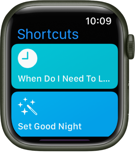 „Apple Watch“ programoje „Shortcuts“ rodomi du spartieji klavišai: „When Do I Need To Leave“ ir „Set Good Night“.