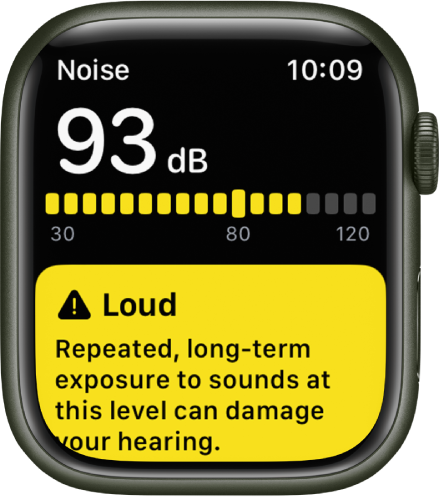 Rodomas programos „Noise“ pranešimas apie 93 decibelų garso lygį. Toliau rodomas įspėjimas dėl ilgalaikio tokio lygio triukšmo poveikio.