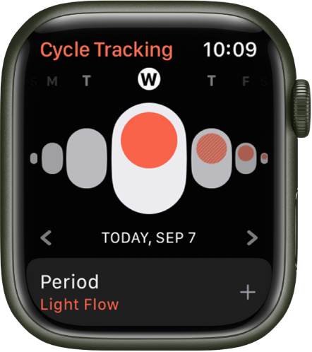 „Apple Watch“, kuriame rodomas „Cycle Tracking“ ekranas.