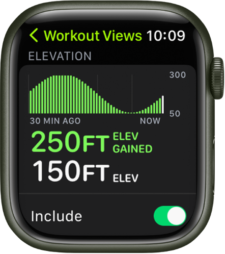 Ekrane „Workout Views“ rodoma „Elevation“ metrika. Viršuje yra grafikas, rodantis aukščio pasikeitimų istoriją. Žemiau matosi įveiktas aukštis ir dabartinis aukštis. Apačioje pateiktas jungiklis „Include“.