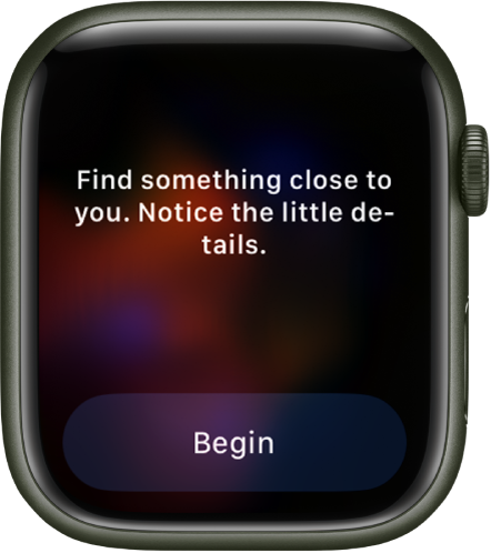 Programa „Mindfulness“ pateikia mintį, kurią galite apmąstyti, pvz., „Find something close to you. Notice the little details.“ Žemiau – mygtukas „Begin“.