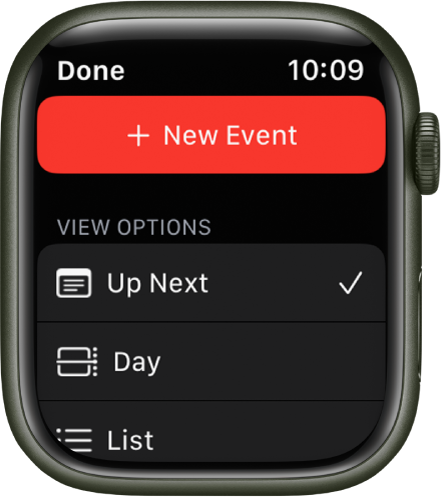 Programos „Calendar“ viršuje rodomas mygtukas „New Event“, o žemiau – trys peržiūros parinktys „Up Next“, „Day“ ir „List“.