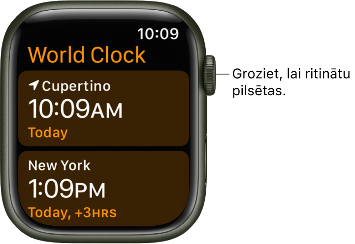 Lietotne World Clock ar pilsētu sarakstu un ritjoslu.