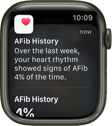AFib History paziņojums Apple Watch pulkstenī.