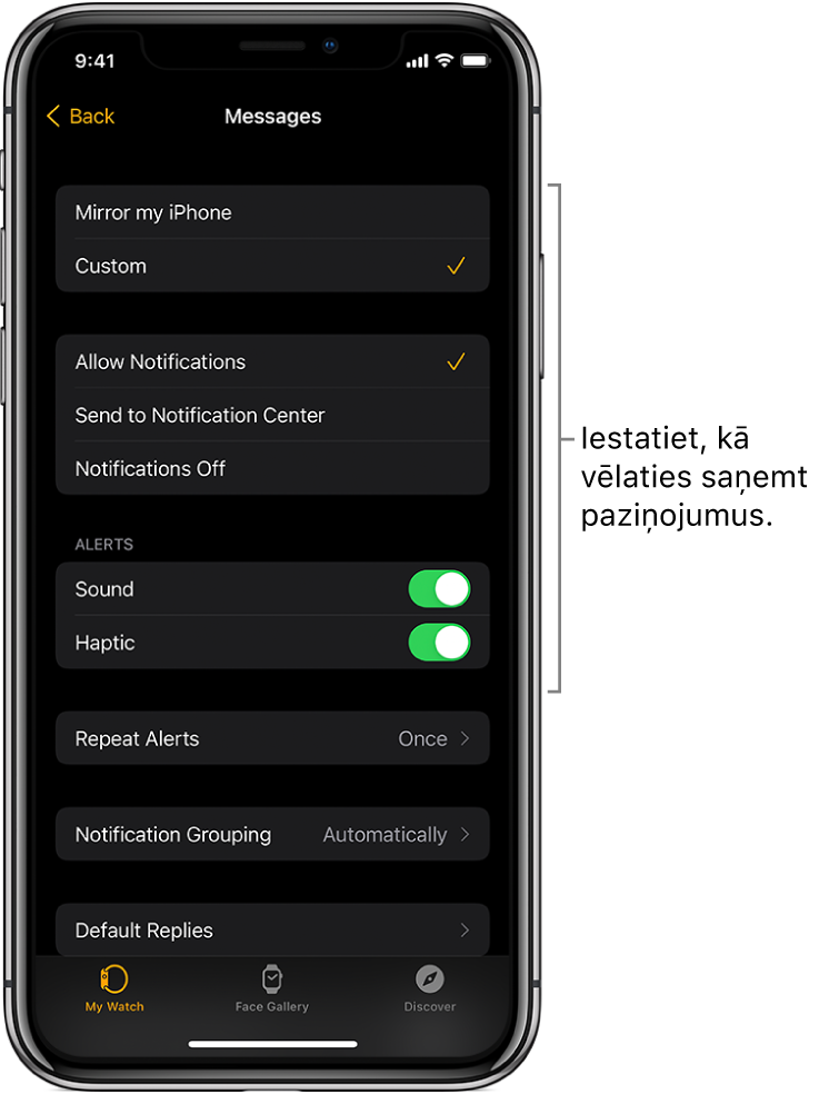 Lietotne Messages iestatījumi iPhone lietotnē Apple Watch. Varat izvēlēties, vai rādīt brīdinājumus, ieslēgt skaņu, ieslēgt taktilo signālu un atkārtot paziņojumus.