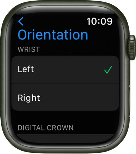 Apple Watch ekrāns Orientation. Varat iestatīt, uz kādas rokas nēsāsit pulksteni un kurā pusē jābūt Digital Crown galviņai.