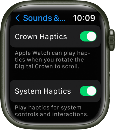 Ekrāns Crown Haptics, kurā redzams ieslēgts slēdzis Crown Haptics. Apakšā ir slēdzis System Haptics.