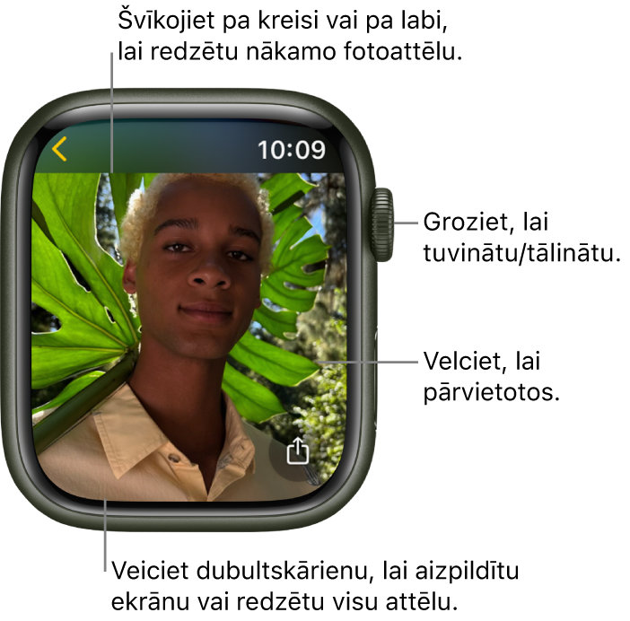 Fotoattēla skatīšanas laikā groziet Digital Crown galviņu, lai tuvinātu/tālinātu, velciet, lai pārvietotos attēlā, vai veiciet dubultskārienu, lai pārslēgtos starp visa fotoattēla skatīšanu un ekrāna aizpildīšanu. Švīkojiet pa kreisi vai pa labi, lai skatītu nākamo fotoattēlu. Apakšējā labajā stūrī ir poga Share.