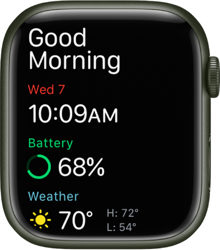 Apple Watch pulkstenis, kurā redzams pamošanās ekrāns. Augšpusē redzami vārdi Good Morning. Zem tiem redzams datums, laiks, akumulatora uzlādes līmenis un laikapstākļi.