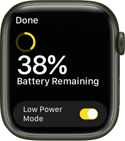 Ekrānā Low Power Mode redzams daļējs dzeltens gredzens, kas norāda atlikušo uzlādes līmeni, vārdi 38 percent Battery Remaining, un poga Low Power Mode apakšā.