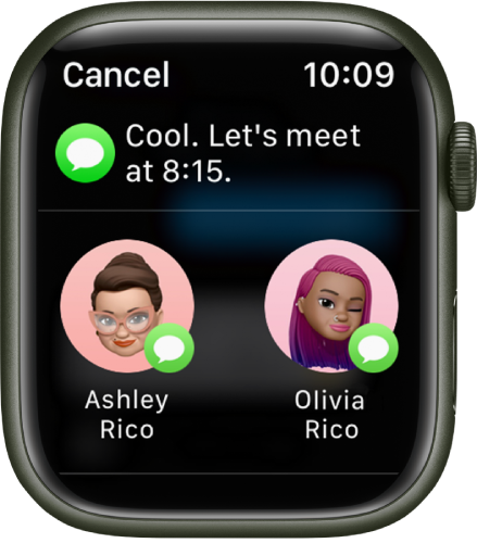 Lietotnes Messages ekrānā Sharing redzama ziņa un divi kontakti.