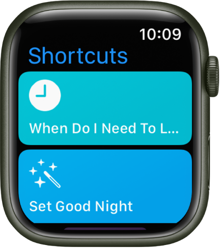 Apple Watch lietotnē Shortcuts ir redzamas divas saīsnes — When Do I Need To Leave un Set Good Night.