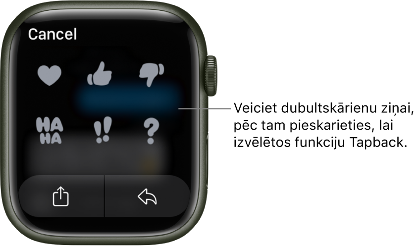 Messages sarakste ar Tapback opcijām: sirsniņa, pacelts īkšķis, nolaists īkšķis, Ha Ha, !! un ?. Apakšā ir poga Replay.