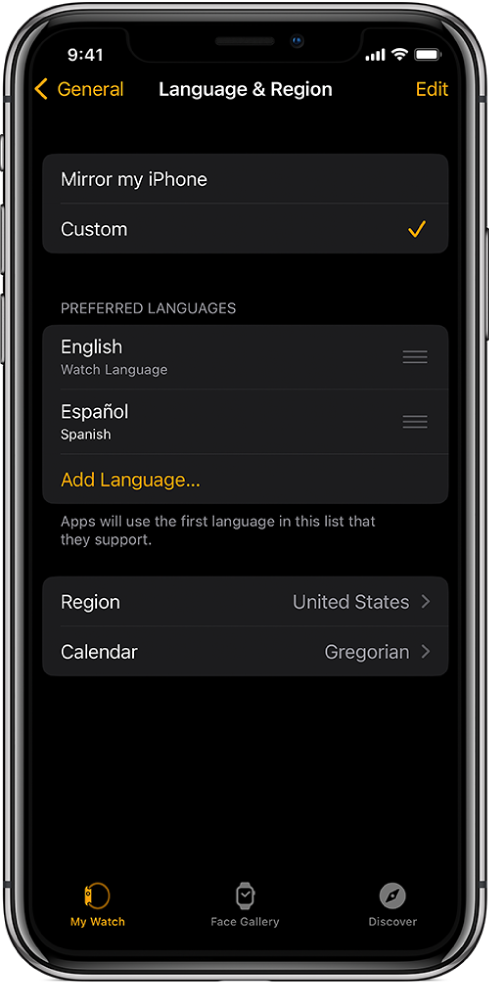 Lietotnes Apple Watch ekrānā Language & Region zem Preferred Languages redzams English un Spanish.